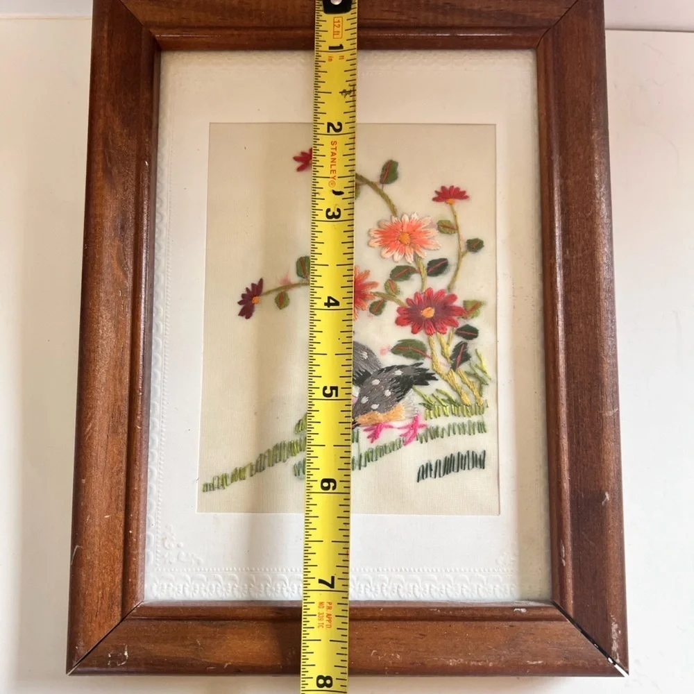 Vintage Framed Silk Embroidered Art Bird Floral Boho Decor Grannycore Artsy Art